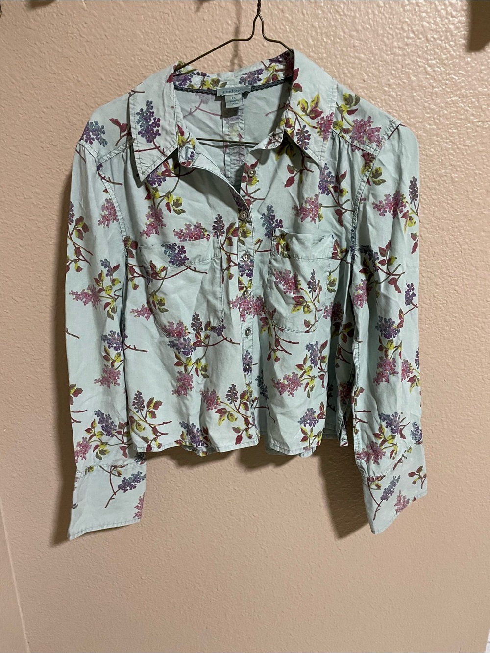 Sundance Floral Button-Down Shirt in Light Blue with Purple and Pink Blossoms